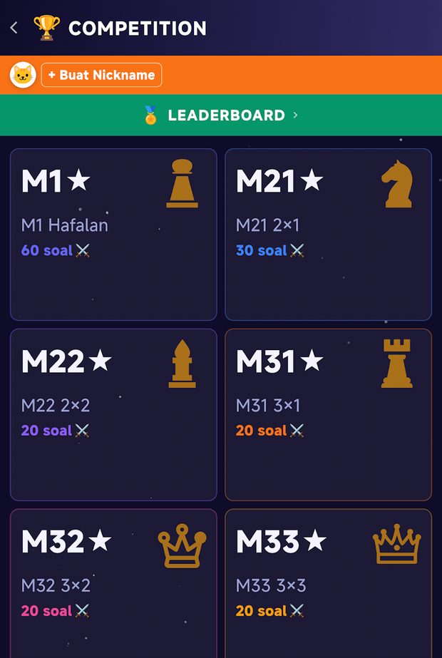 Competition screen with levels